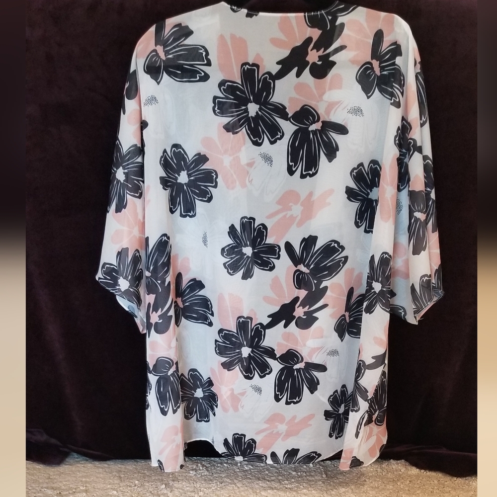 Floral Sheer Kimono Wrap - White with Black & Blush Flowers - Picture 2 of 2